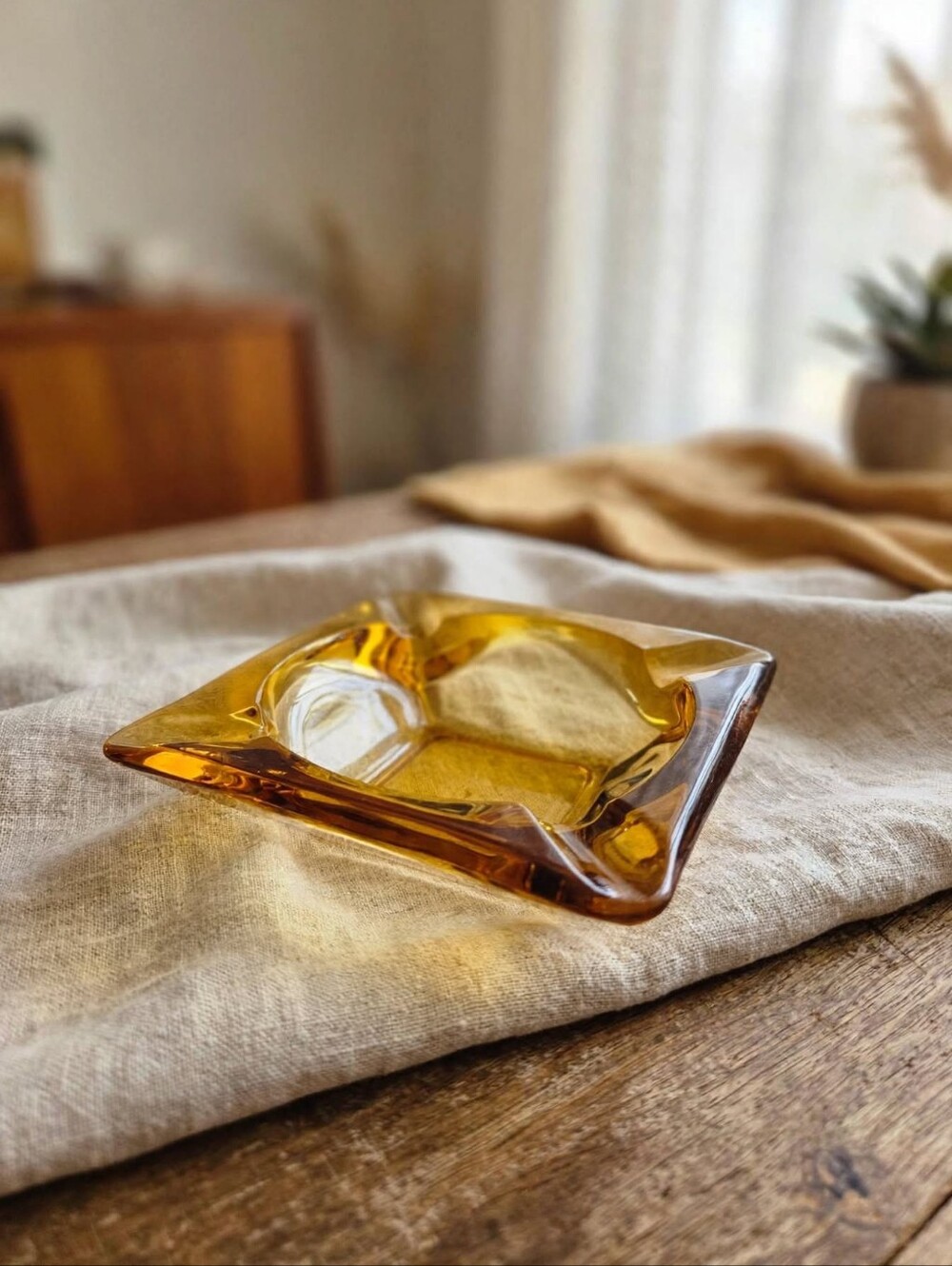 Vintage Amber Glass Heavy Square Ashtray Mid Century Modern Decor